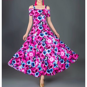 Blue with pink flowers ballroom dance dresses for women girls waltz tango foxtrot smooth dance long swing skirts gown for lady